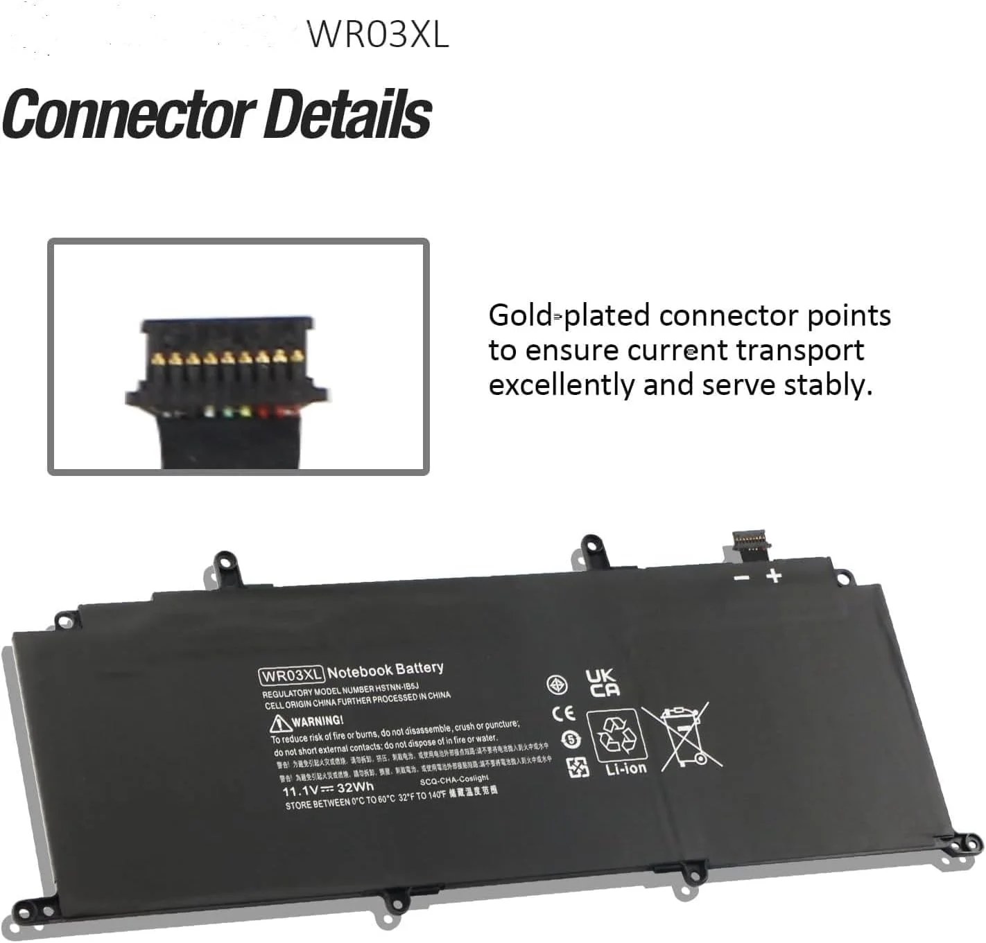 باتری لپ تاپ 11.1 ولت 32 وات ساعت WR03XL سازگار با HP Split 13 x2 13-m 13-m000 13-m100 13-m200 Detachable Pavilion 13 x2 AMD 13-p 13-p000 13-p100 تبلت سری 2 در 1 13-m100la 13-m210dx