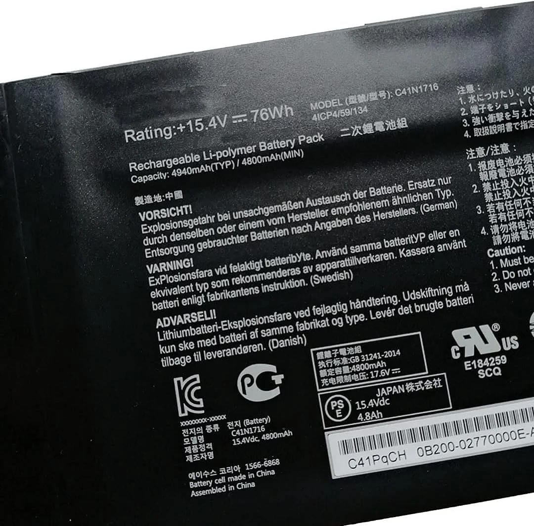 باتری مدل C41N1716 سازگار با لپ‌تاپ‌های ASUS ROG Strix GL703GS GL703GM S7BS S7BS8750 GL703GM-DS74 GL703GM-WS74 GL703GS GL703GS-DS74 GL703GS-EE071T، ولتاژ 15.4V، ظرفیت 76Wh