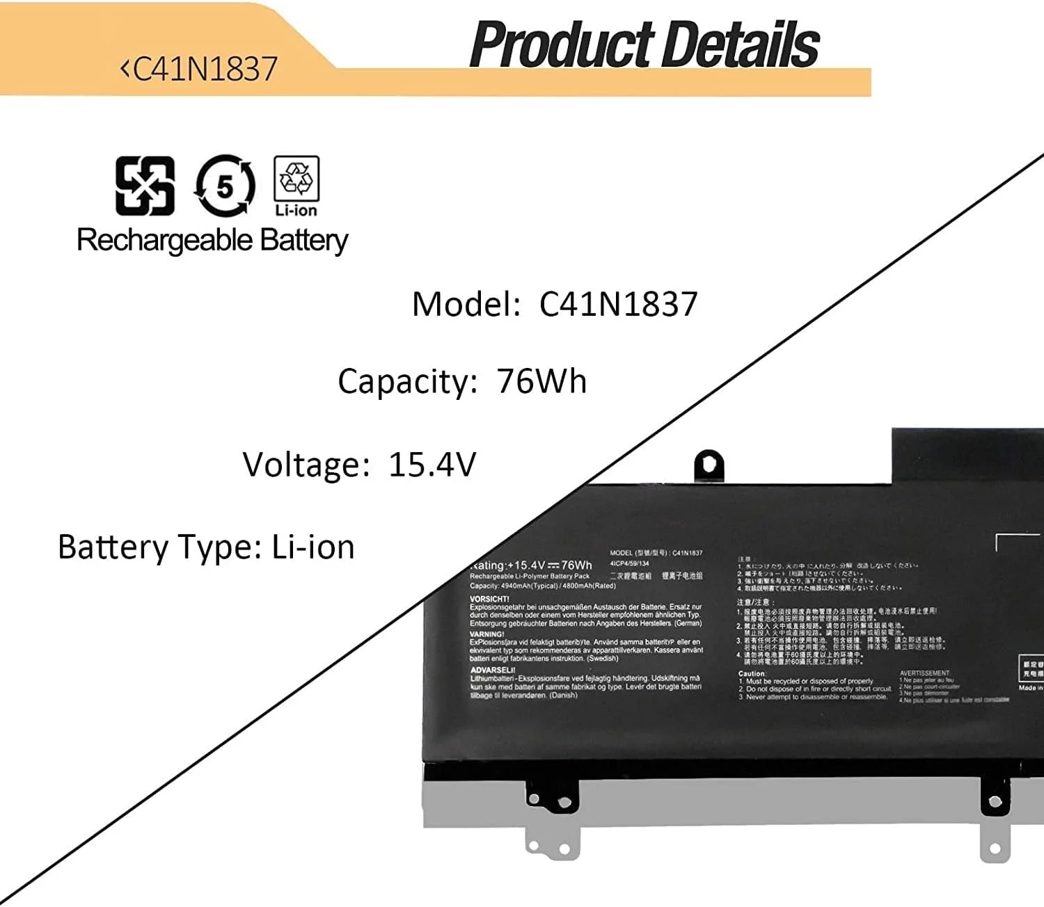 باتری لپ تاپ 15.4V 76Wh C41N1837 سازگار با ASUS ROG Zephyrus S G15 GA501I GA502 GA502DU GA502GU GU502DU GU502GU GU502GV GU532GU