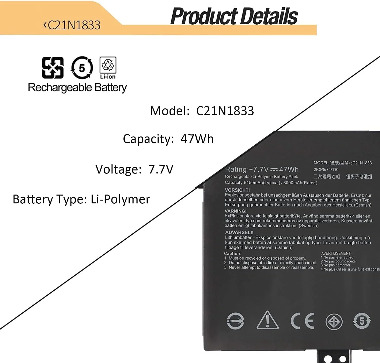باتری لپ تاپ 7.7 ولت 47 وات C21N1833 سازگار با ایسوس ZenBook 14 UM431 UM431DA-AM020T UX431 UX431FA UX431FN UX431FL