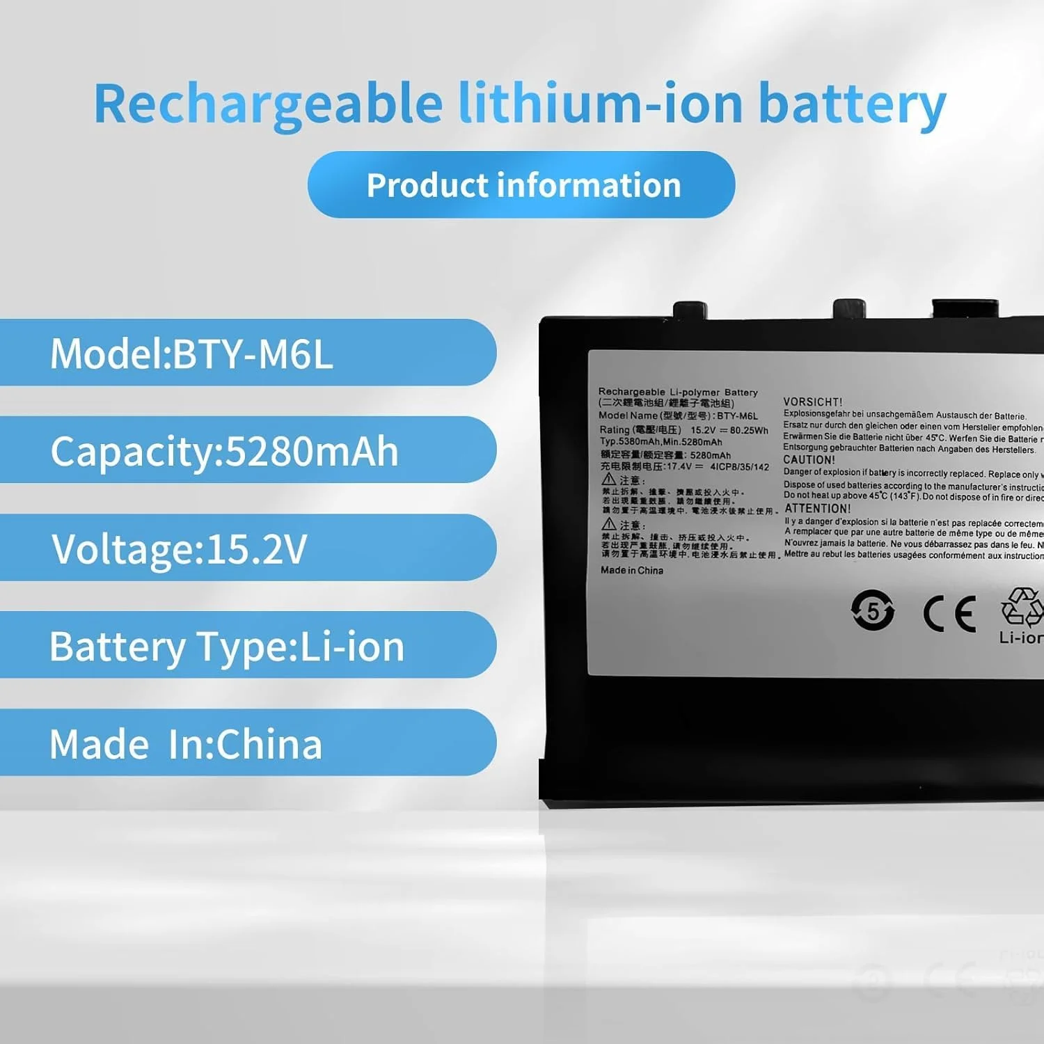 باتری BTY-M6L سازگار با MSI GS65 GS75 Stealth Thin 8SE 8SF 8SG 8RF 9SD 9SE 9SF 9SG PS63 Modern 8RC P65 Creator 8RD 8RE P75 GS60 Series (15.2V 80.25Wh)