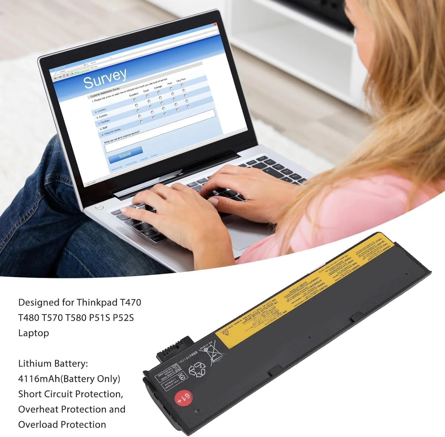 باتری جایگزین لپ تاپ MALATI SELLER برای لپ تاپ های Thinkpad T470 T480 T570 T580 P51S P52S، باتری لیتیومی 4116 میلی آمپر ساعت، نصب آسان، باتری 6 سلولی