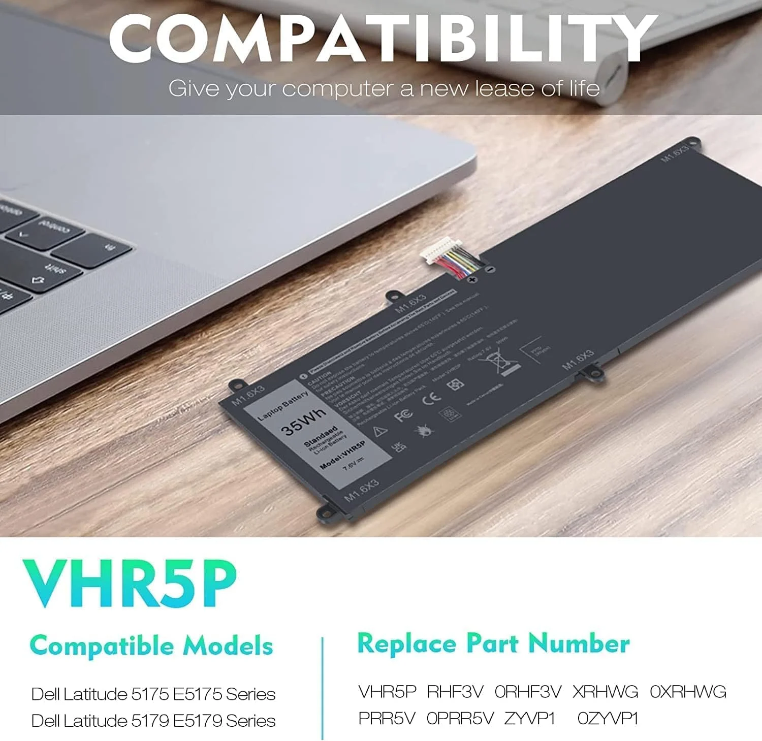 باتری جایگزین لپ تاپ VHR5P برای Dell Latitude 5175 5179 E5175 E5179 سری نوت بوک تبلت RHF3V 0RHF3V XRHWG 0XRHWG PRR5V 0PRR5V ZYVP1 0ZYVP1 [7.6V 35Wh / 4375mAh]