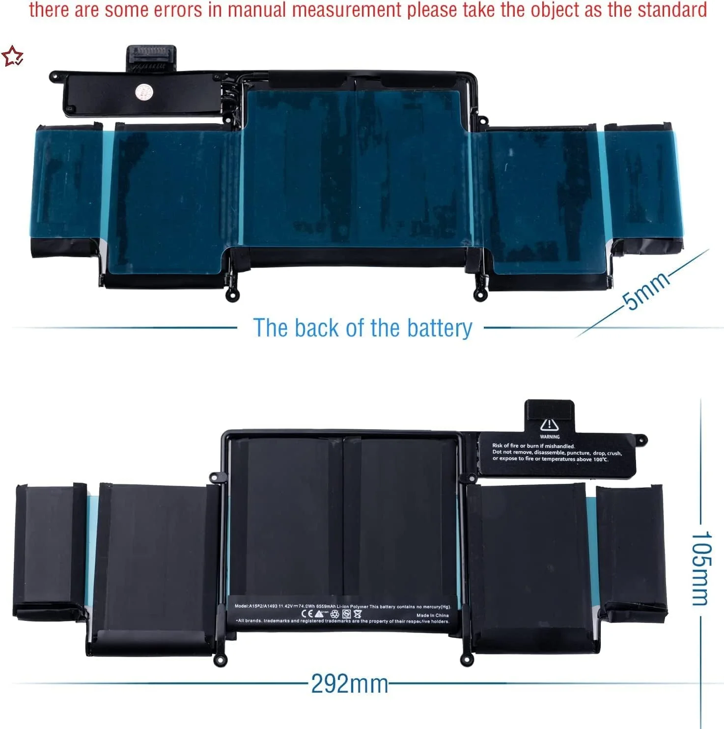 باتری A1582 A1502 برای مک بوک پرو رتینا 13 اینچ اواخر 2013 اواسط 2014 اوایل 2015، مناسب برای A1493 [لیتیوم-پلیمر 11.42V 74.9WH 6559mAh]