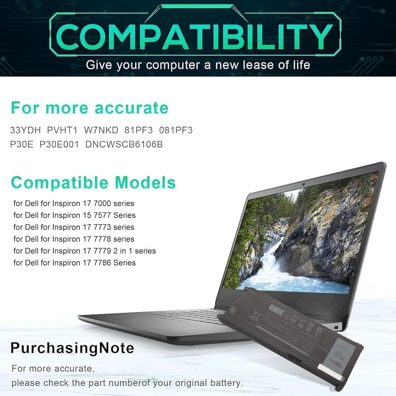 باتری 33YDH 56Wh برای دل مناسب برای Inspiron 17 7000 7778 7779 7786 7773 15 7577 G3 3579 3779 G5، باتری جایگزین لپ تاپ 56Wh 15.2V، باتری لیتیوم یونی