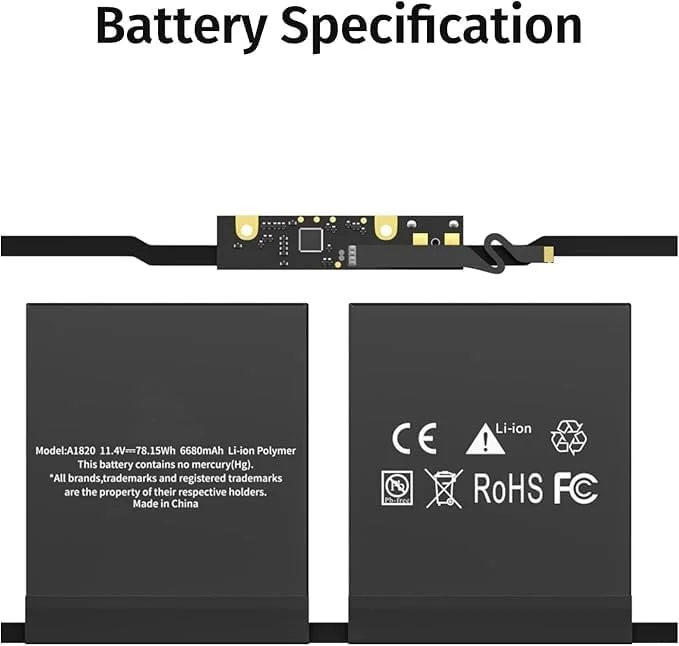باتری لپ تاپ A1820 سازگار با مک بوک پرو 15 اینچی (اواخر 2016 اواسط 2017)، باتری جایگزین لیتیوم پلیمری مناسب برای A1707 EMC 3072 3162 (6680mAh 11.41V 76.15WH) (A1820)
