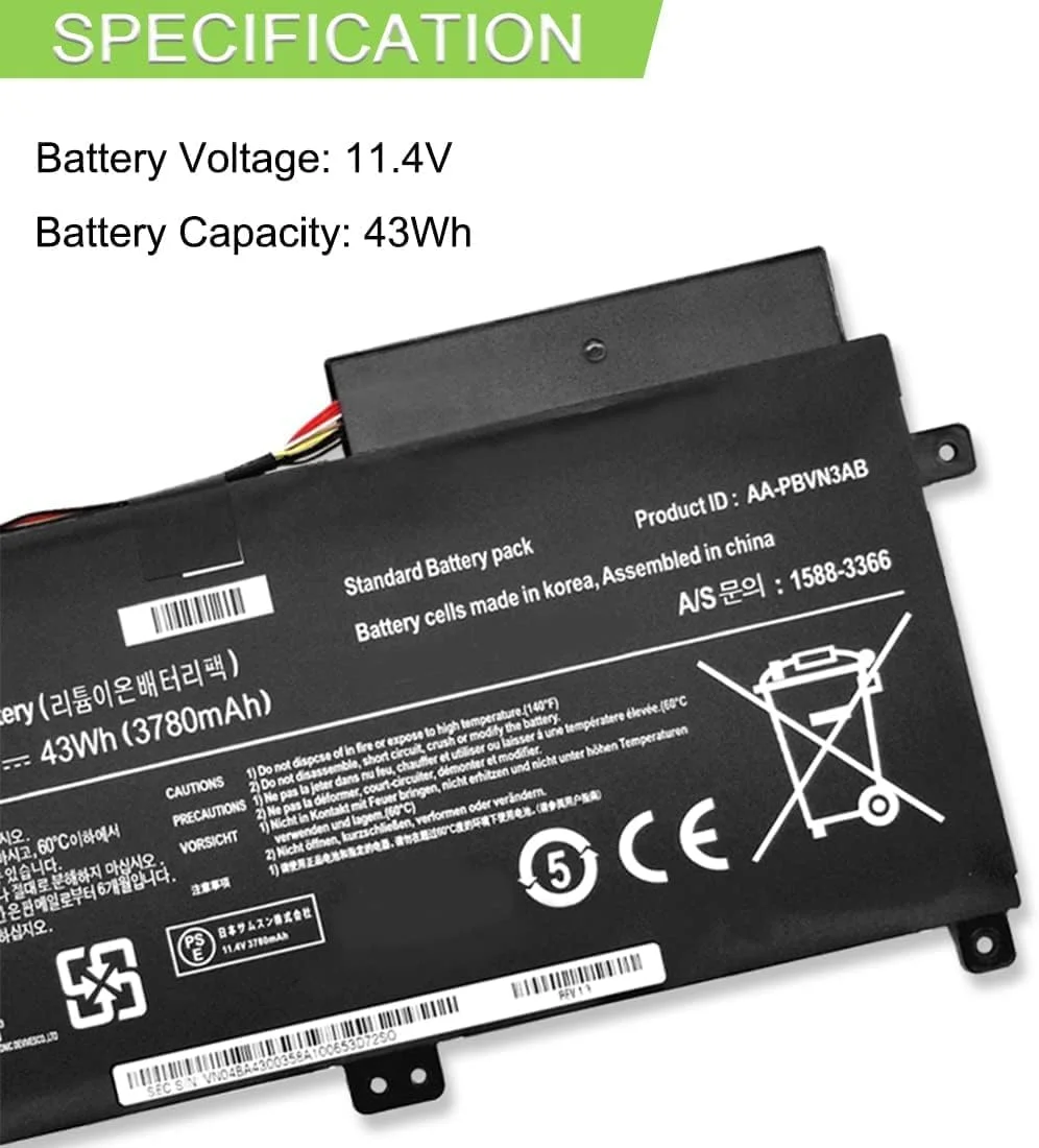 باتری جایگزین لپ تاپ AA-PBVN3AB AA-PBVN2AB سازگار با Samsung BA43-00358A 1588-3366 NP370R4E NP370R5E NP470R5E NP450R5E NP450R4V NP370R5V NP450R5V NP450R4E NP450R5G NP510R5E 11.4V 43Wh باتری جایگزین لپ تاپ AA-PBVN3AB AA-PBVN2AB سازگار با Samsung BA43-00358A 1588-3366 NP370R4E NP370R5E NP470R5E NP450R5E NP450R4V NP370R5V NP450R5V NP450R4E NP450R5G NP510R5E 11.4V 43Wh