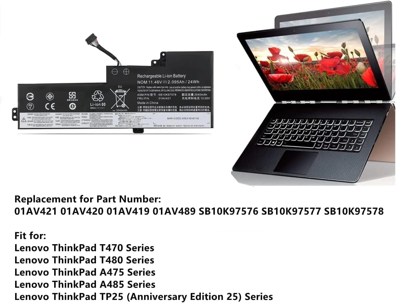 باتری لپ تاپ 11.46V 24Wh/2095mAh 01AV421 01AV489 SB10K97576 سازگار با سری های Lenovo ThinkPad T470 A475 T480 A485 TP25 باتری لپ تاپ 11.46V 24Wh/2095mAh 01AV421 01AV489 SB10K97576 سازگار با سری های Lenovo ThinkPad T470 A475 T480 A485 TP25