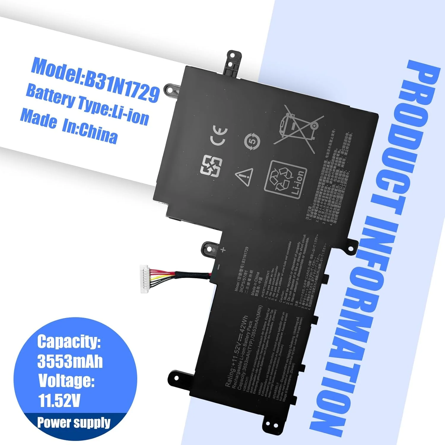 باتری لپ تاپ (11.52V 42Wh) B31N1729 برای ASUS VivoBook S530 S530F S530FA S530FN S530UA S530UF S530UN X530FN S5300F S5300U S5300UN Series