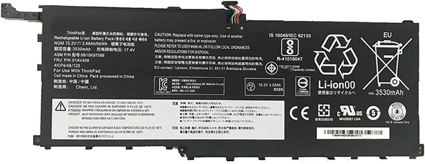 باتری 01AV409 سازگار با لنوو X1 Yoga Gen 1 Carbon Gen 6 Series 01AV410 SB10K97566 SB10K97567 00HW028 15.2V 56Wh/3680mAh