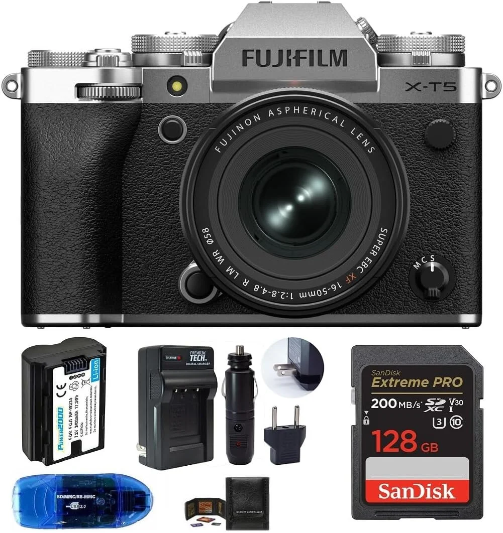 دوربین دیجیتال بدون آینه فوجی فیلم X-T5 با لنز XF 16-50mm f/2.8-4 R LM OIS (نقره ای) همراه با کارت حافظه SanDisk 128GB Extreme PRO SDXC، باتری اضافی و موارد دیگر (6 قطعه)
