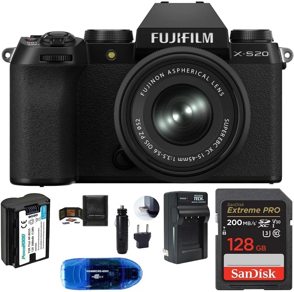دوربین دیجیتال FUJIFILM X-S20 به همراه لنز 15-45 میلی‌متری، شامل: کارت حافظه SanDisk 128GB Extreme PRO SDXC، باتری اضافی و موارد دیگر (6 قطعه)