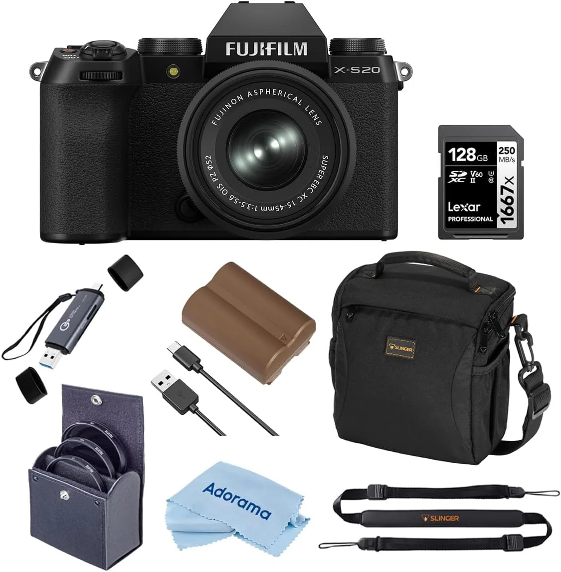 دوربین بدون آینه فوجی فیلم X-S20 با لنز XC 15-45mm f/3.5-5.6 OIS PZ، مشکی، همراه با کارت حافظه 128 گیگابایتی، باتری لیتیوم یونی، کیت فیلتر 52 میلی متری و کیف شانه