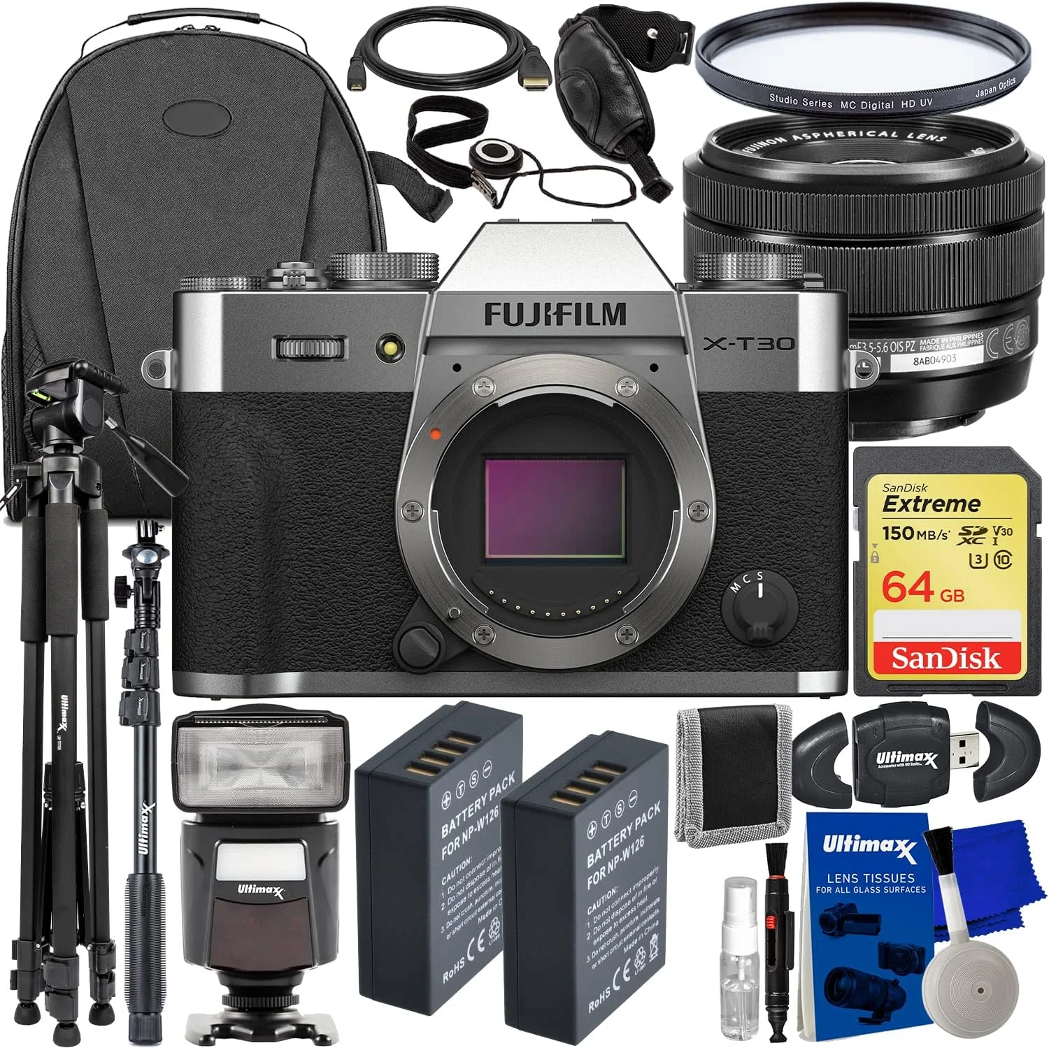 دوربین بدون آینه فوجی فیلم X-T30 II با لنز XC 15-45mm OIS PZ (نقره ای) + کارت حافظه SanDisk 64GB Extreme SDXC، 2 عدد باتری اضافی، فیلتر UV چند لایه، فلاش Speedlite جهانی و موارد دیگر (بسته 27 تکه)