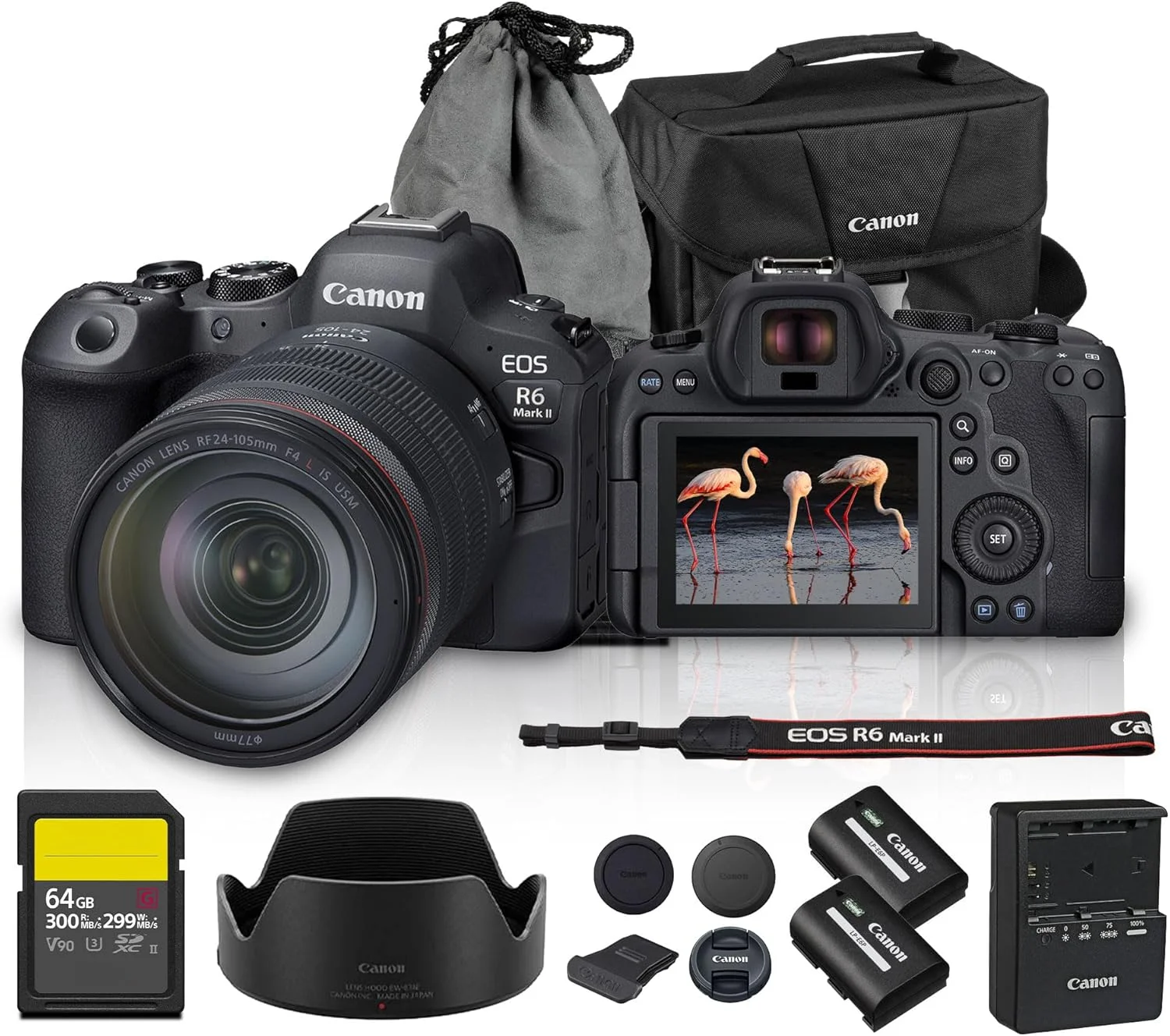 دوربین بدون آینه کانن EOS R6 Mark II به همراه لنز RF 24-105mm f/4 | فول فریم 24.2 مگاپیکسل، Dual Pixel CMOS AF II، مناسب برای ولاگ و عکاسی حرفه ای (5666C011) + باتری LP-E6P + کارت حافظه 64 گیگابایتی + کیف