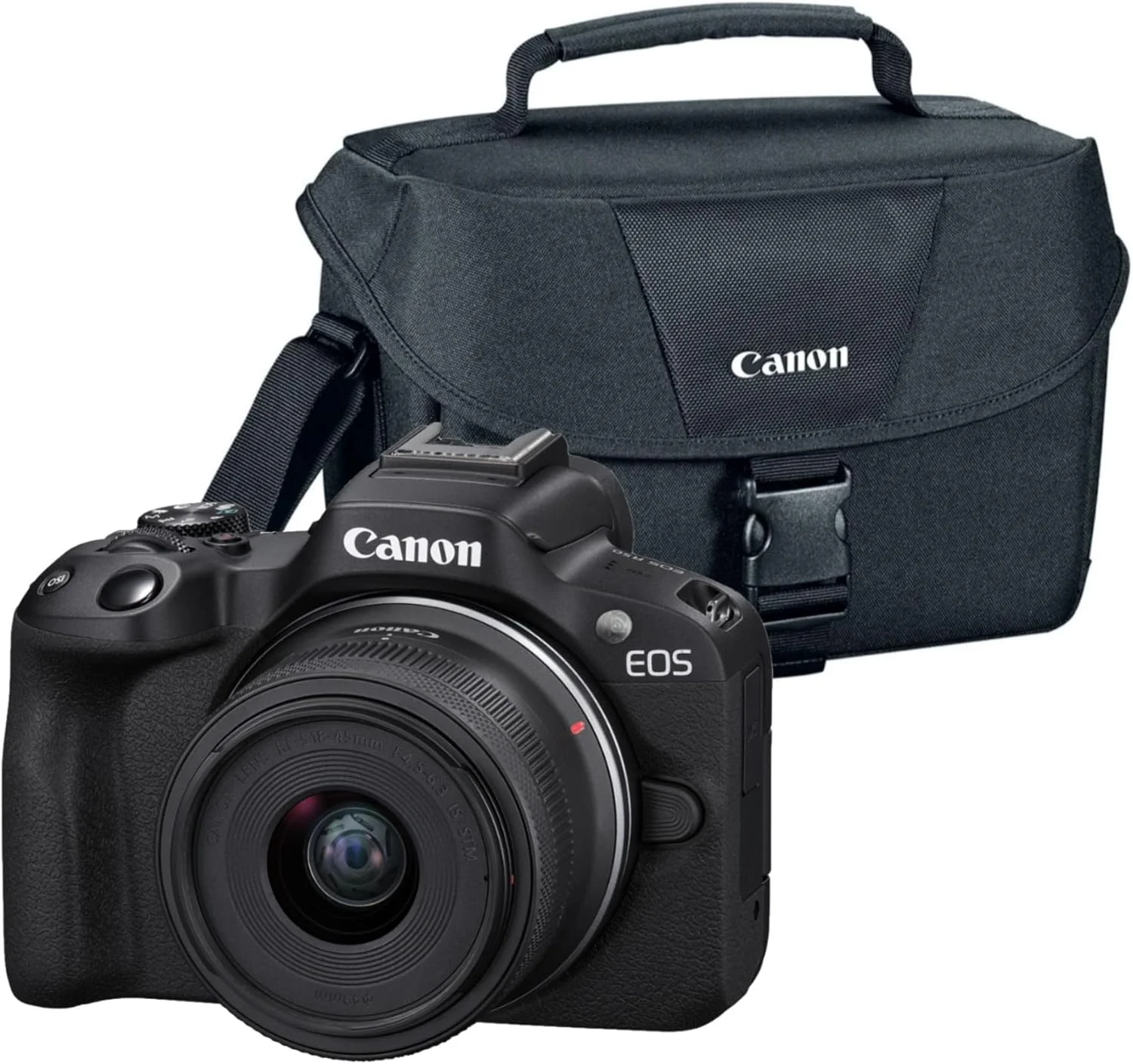 دوربین بدون آینه کانن EOS R50 با لنز 18 تا 45 میلی‌متری (مشکی) به همراه کیف دوربین کانن 200ES EOS DSLR (2 تکه)