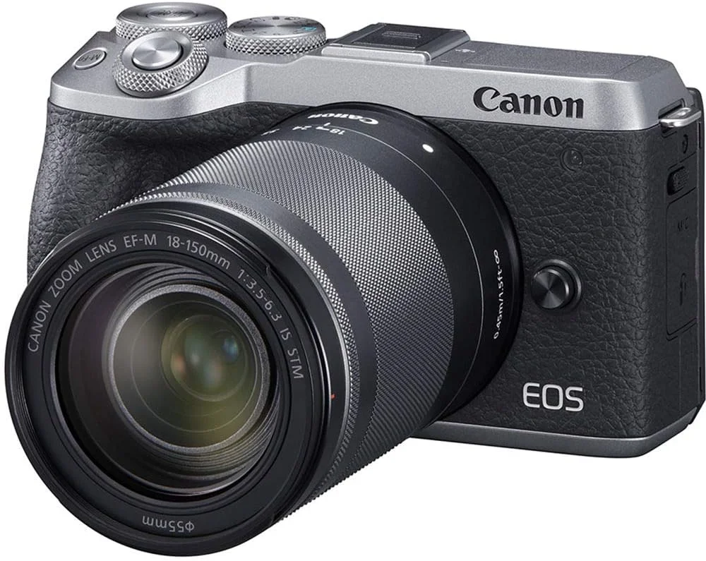دوربین بدون آینه کانن [EOS M6 Mark II] برای ولاگ + لنز EF-M 18-150mm + کیت EVF | حسگر CMOS (APS-C) | فوکوس خودکار CMOS دوال پیکسل | Wi-Fi | بلوتوث | فیلمبرداری 4K، نقره ای