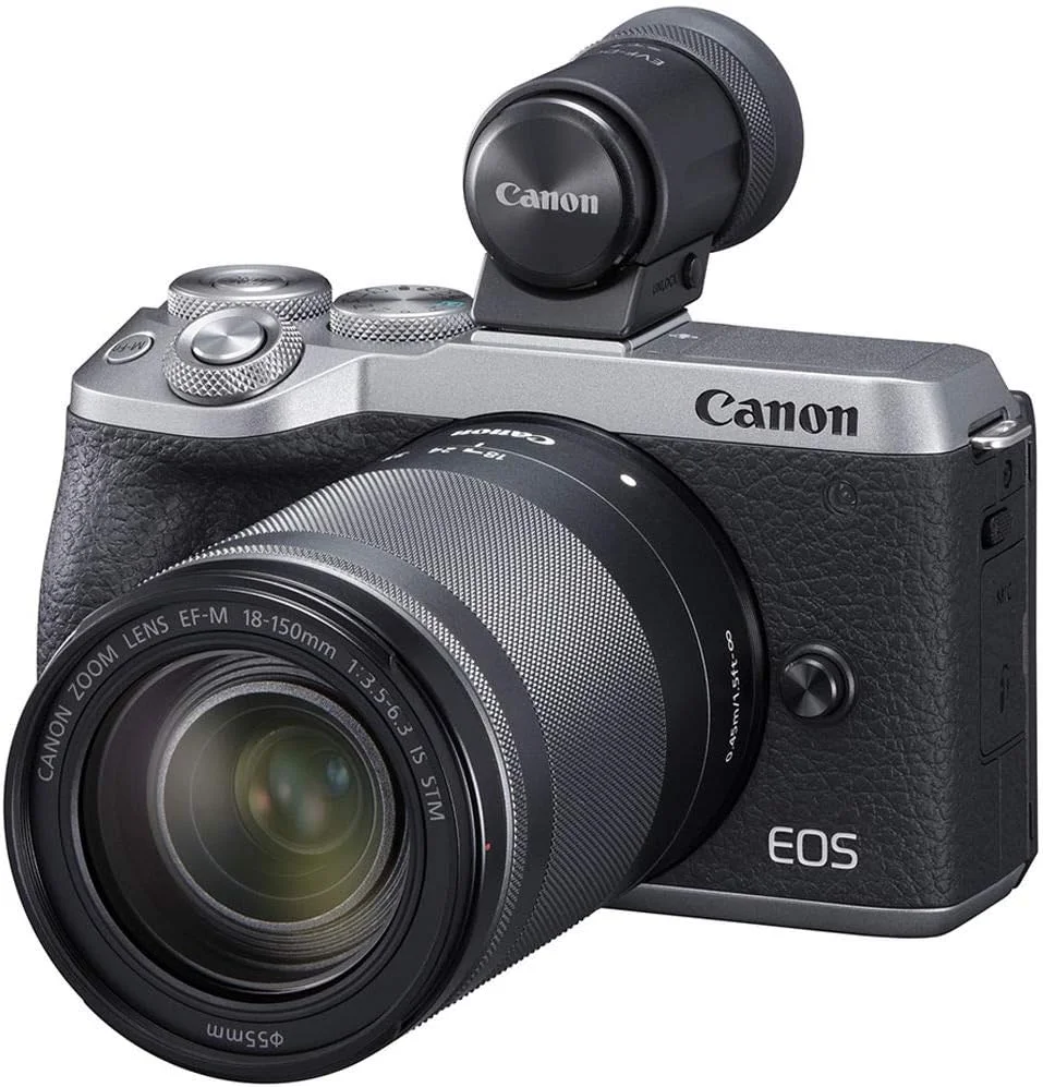 دوربین بدون آینه کانن [EOS M6 Mark II] برای ولاگ + لنز EF-M 18-150mm + کیت EVF | حسگر CMOS (APS-C) | فوکوس خودکار CMOS دوال پیکسل | Wi-Fi | بلوتوث | فیلمبرداری 4K، نقره ای