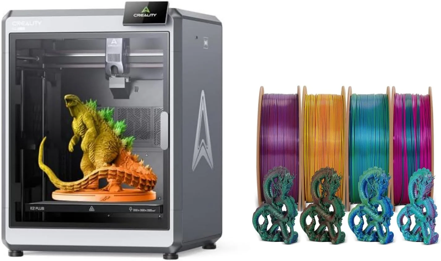 پرینتر سه بعدی Comgrow Creality K2 Plus، پشتیبانی از نیازهای چاپ چند رنگ CFS، حداکثر سرعت 600 میلی‌متر بر ثانیه، سیستم موتور پله‌ای، اکسترودر درایو مستقیم با قابلیت چاپ در دمای بالای 350 درجه سانتیگراد و فیلامنت PLA ابریشمی 4 کیلوگرمی