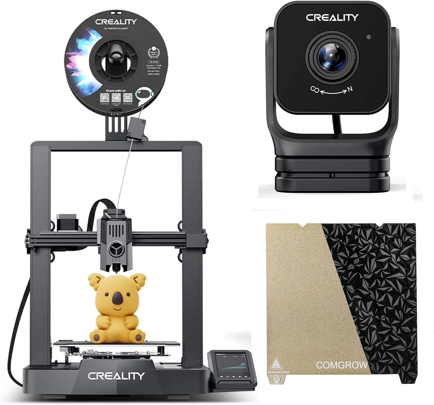 دستگاه چاپگر سه بعدی Creality Ender 3 V3 KE Comgrow به همراه فیلامنت چاپگر سه بعدی PLA مشکی Comgrow، دوربین رسمی Creality Nebula و صفحه دو طرفه PEO PEI Ender 3 V3 SE