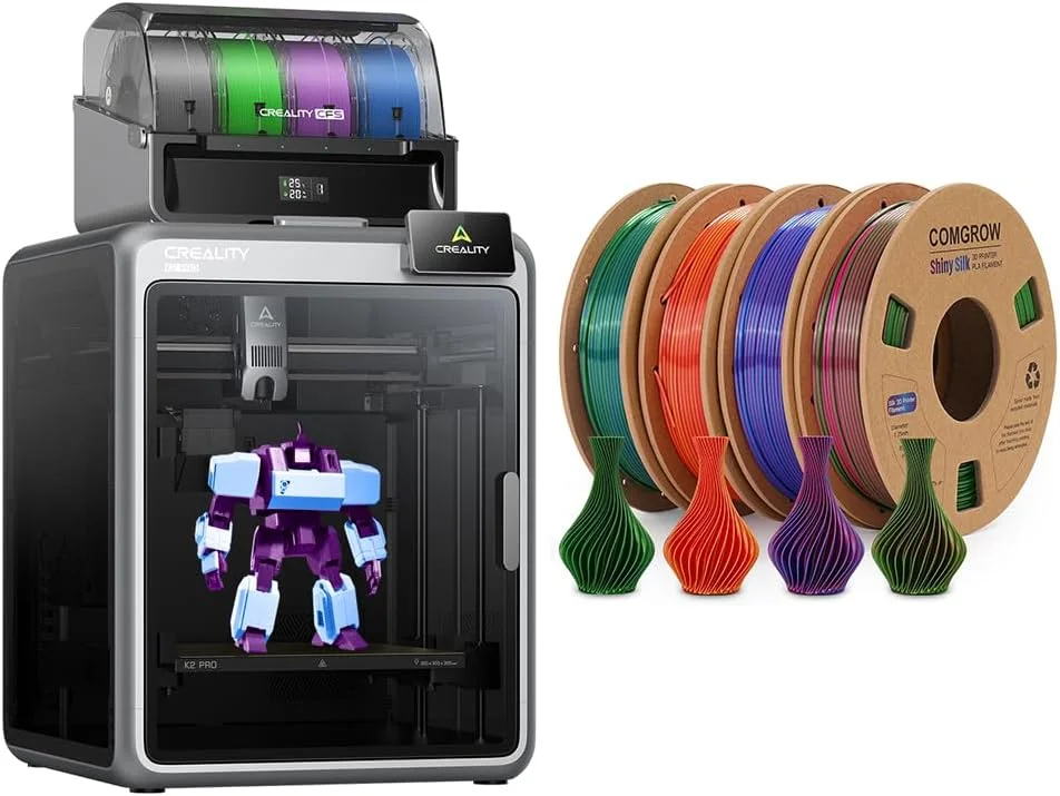 دستگاه چاپ سه بعدی Comgrow Creality K2 Pro Combo با قابلیت چاپ چند رنگ، سرعت چاپ 600mm/s، اکسترودر دایرکت درایو 300℃، گرمایش محفظه و 4 عدد فیلامنت PLA رنگین کمانی ابریشمی