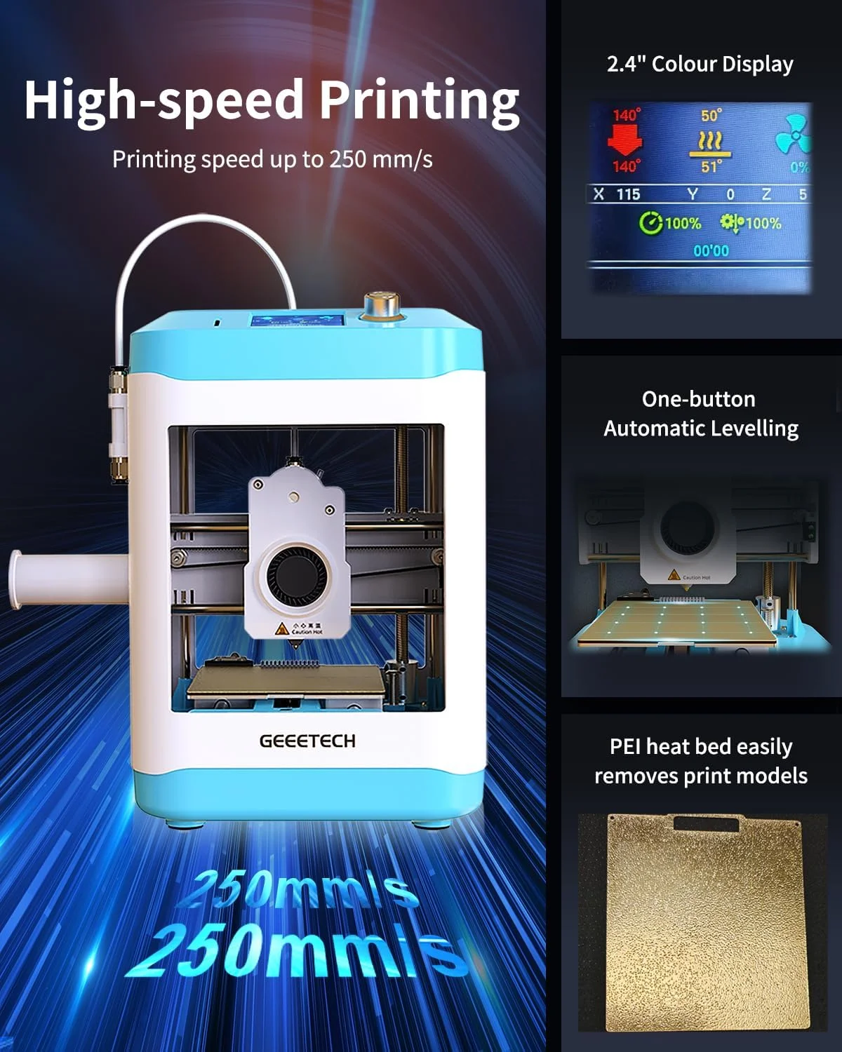 پرینتر سه بعدی مینی کاملاً مونتاژ شده برای کودکان و مبتدیان + بسته فیلامنت PLA ابریشمی طلایی (1 کیلوگرم/اسپول)، تراز خودکار، سرعت بالا 250 میلی‌متر بر ثانیه، متن‌باز کامل، برای اسباب‌بازی‌ها، پروژه‌های DIY – کیت کلاس/خانه