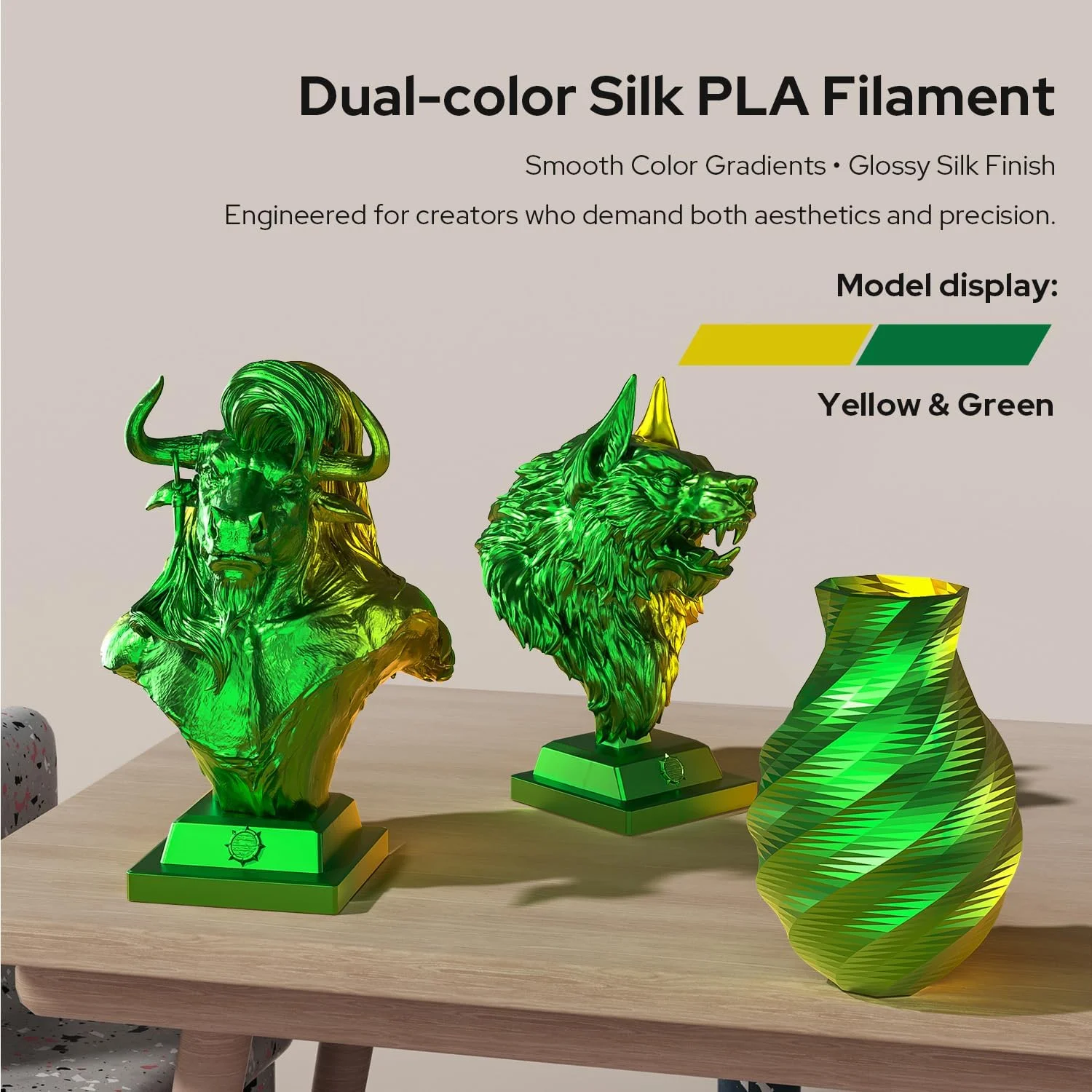 فیلامنت PLA دو رنگ 1.75 میلی‌متری، PLA گرادیانی زرد-سبز متالیک، دقت ±0.02 میلی‌متر، فیلامنت پرینتر سه بعدی برای دکور کریسمس، مدل‌سازی، DIY، 1 کیلوگرم (2.2 پوند) اسپول