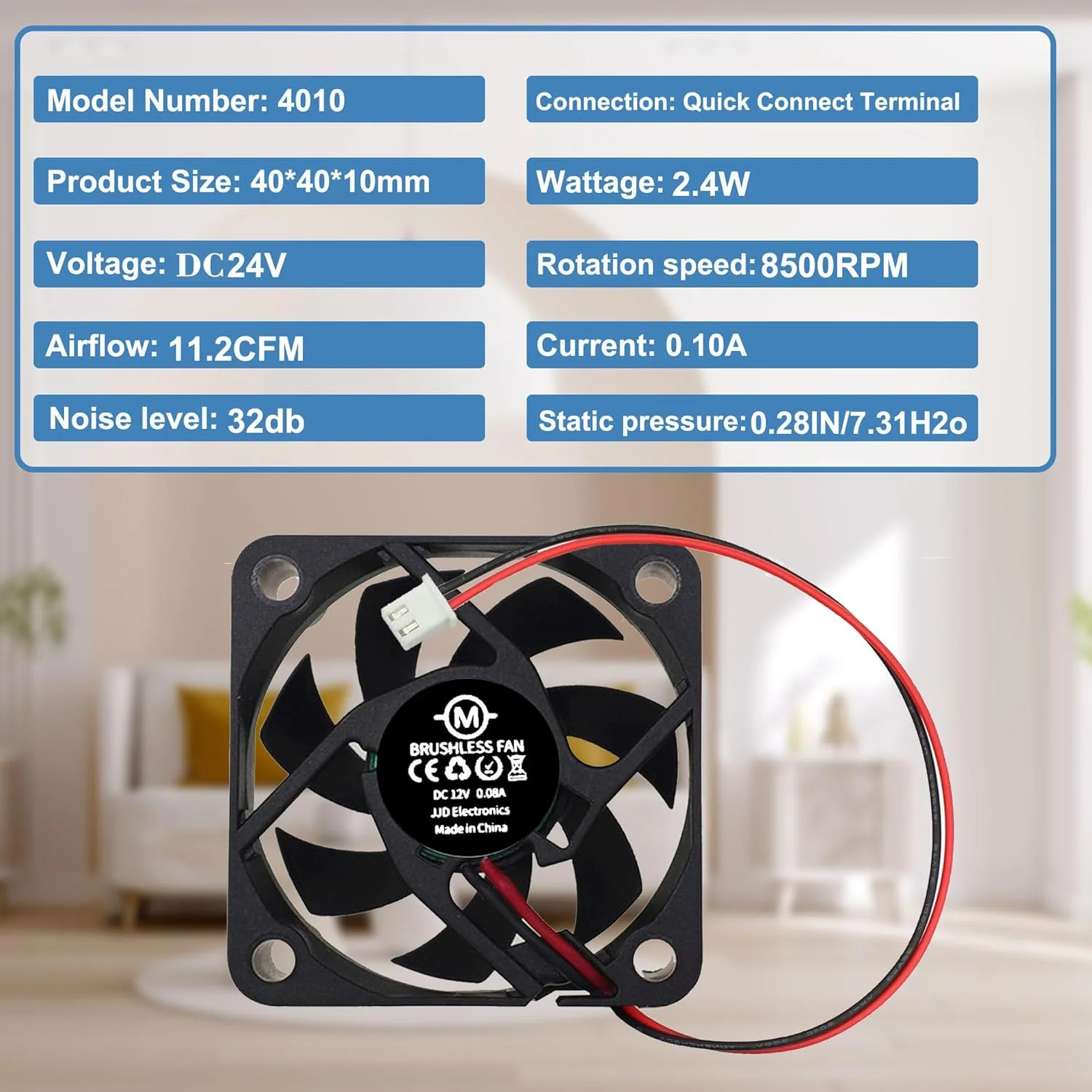 فن DC پرینتر سه بعدی، 24 ولت 40x40x10 میلی متر، فن خنک کننده براشلس 2 پین 8500 دور در دقیقه 32 دسی بل 11.2CFM جایگزین برای پرینتر، DVR (4 عدد)