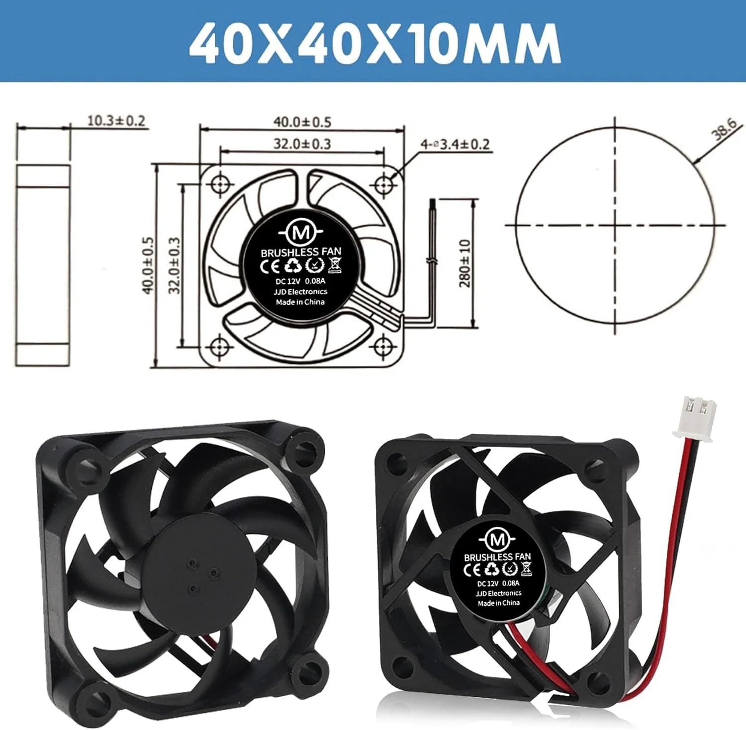 فن DC پرینتر سه بعدی، 24 ولت 40x40x10 میلی متر، فن خنک کننده براشلس 2 پین 8500 دور در دقیقه 32 دسی بل 11.2CFM جایگزین برای پرینتر، DVR (4 عدد)