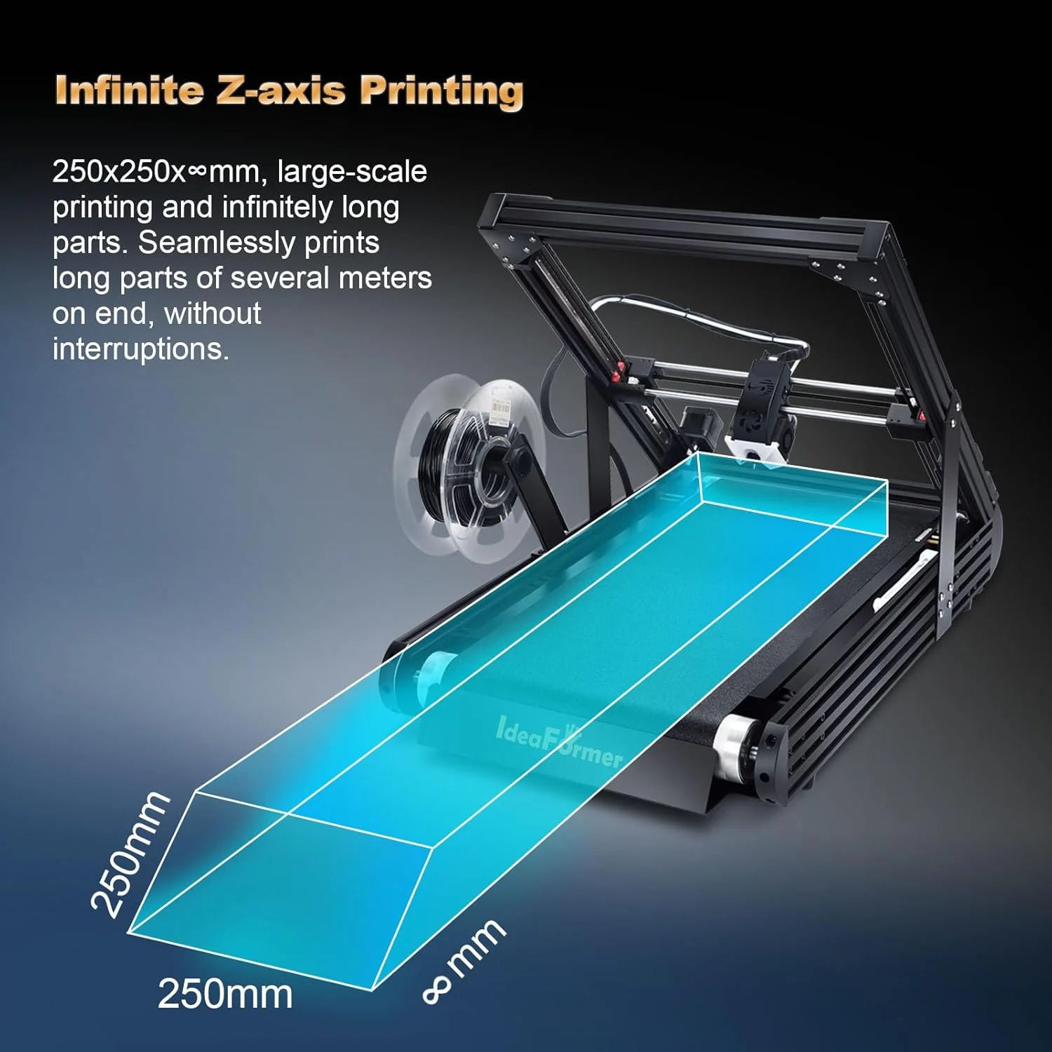 پرینتر سه بعدی تسمه نقاله ای IdeaFormer-3D IR3 V2، ابعاد 250×250×∞ میلی متر، پرینتر تسمه فلزی با دقت بالا برای چاپ طولانی و دسته ای با سرعت حداکثر 400 میلی متر بر ثانیه و ساختار CoreXY با قابلیت تنظیم خودکار