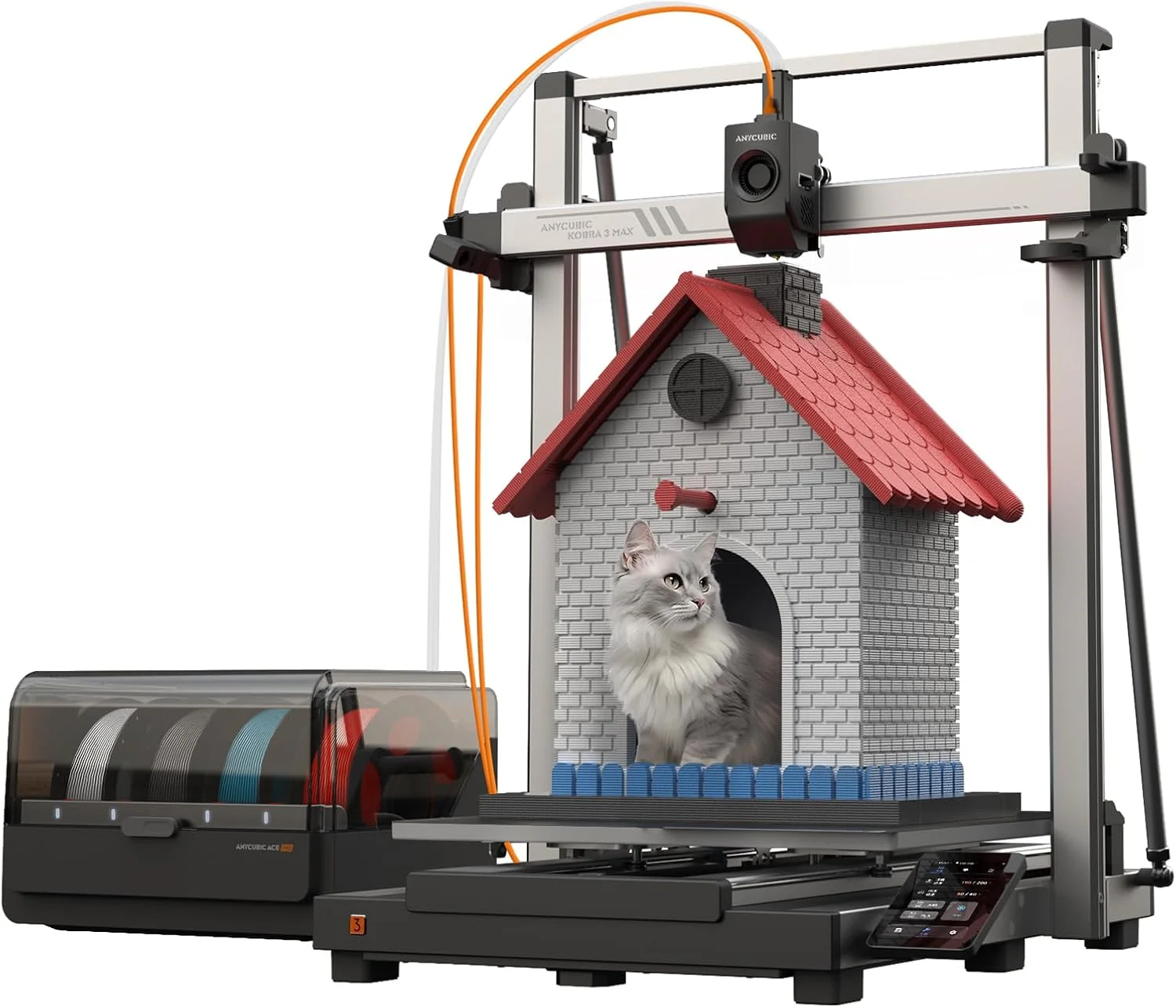 (مجموعه Anycubic Kobra 3 Max Combo) پرینتر سه بعدی چند رنگ Anycubic، چاپ با سرعت بالا 600 میلی متر بر ثانیه، حجم ساخت بزرگ 420x420x500 میلی متر، تراز خودکار و جبران ارتعاش هوشمند صفحه PEI