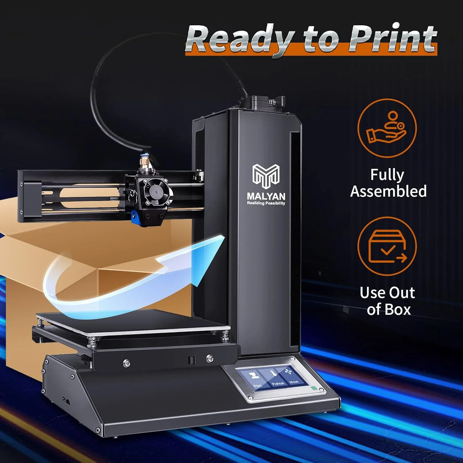 پرینتر سه بعدی مالیان M320، اسمبل شده کامل با صفحه ساخت جداشدنی، ورق چاپ مغناطیسی انعطاف پذیر اسمبل شده و کارت Micro SD با نمونه فیلامنت PLA از پیش بارگذاری شده، بدنه فلزی، پرینتر سه بعدی اداری 150x150x150 میلی متر