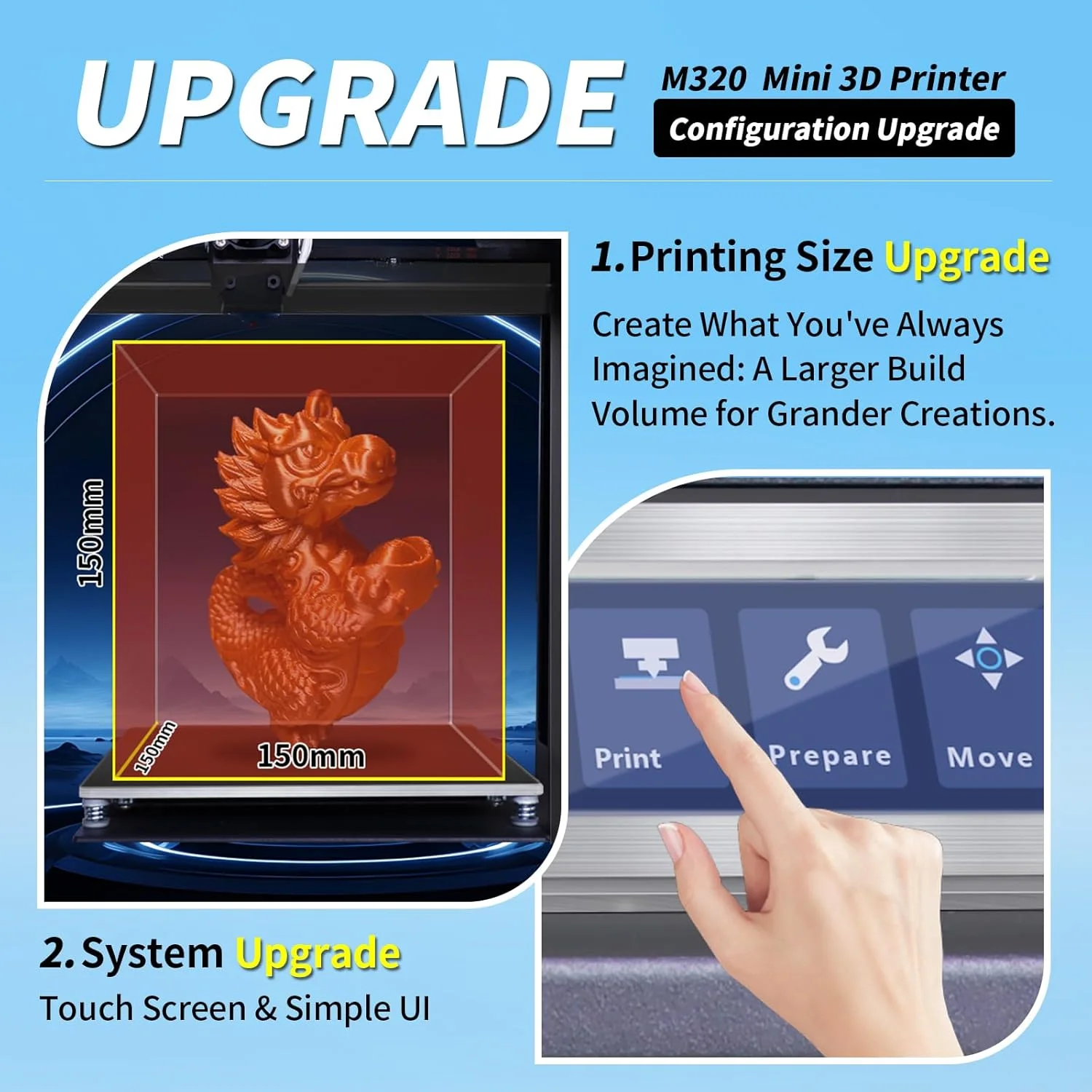 پرینتر سه بعدی مینی M320 FDM، پرینترهای سه بعدی کاملاً مونتاژ شده آسان برای مبتدیان و کودکان، دقت چاپ بالا، اندازه چاپ 150 * 150 * 150 میلی متر