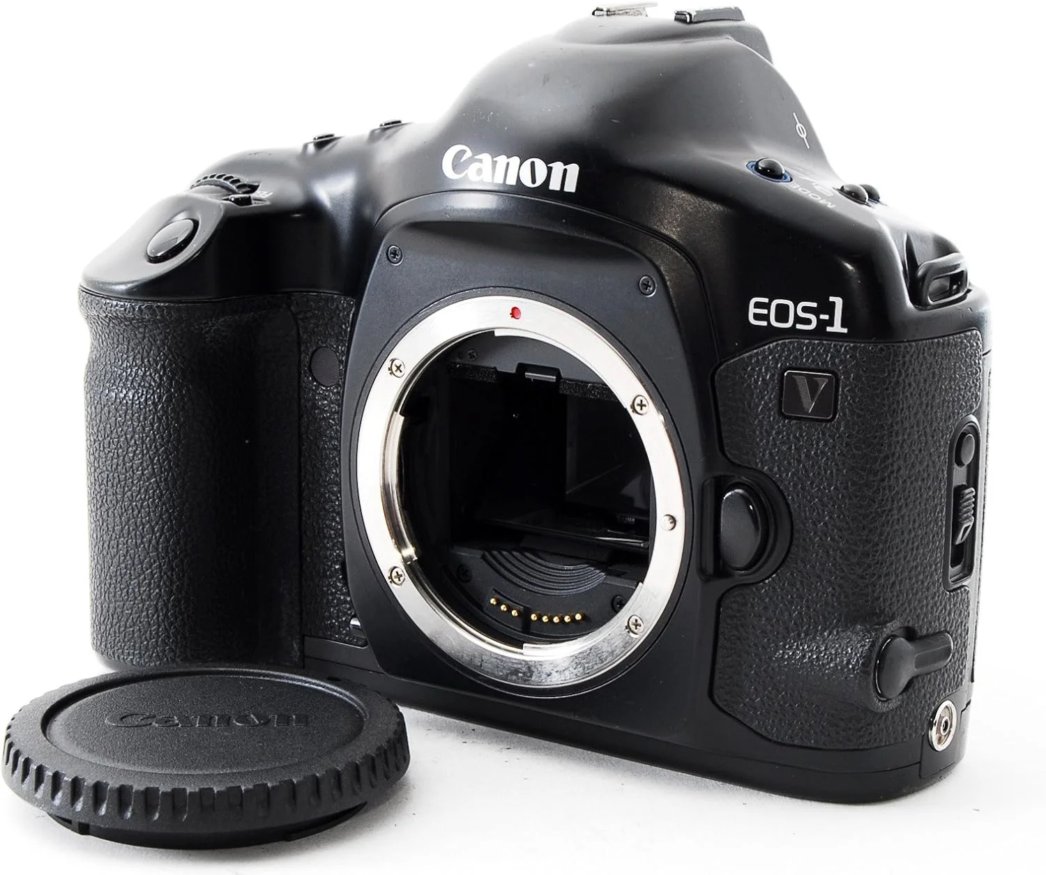 بدنه دوربین اس‌ال‌آر ۳۵ میلی‌متری کانن مدل EOS-1v به همراه گریپ GR-E2، بند گردنی L3 و چشمی Ec II