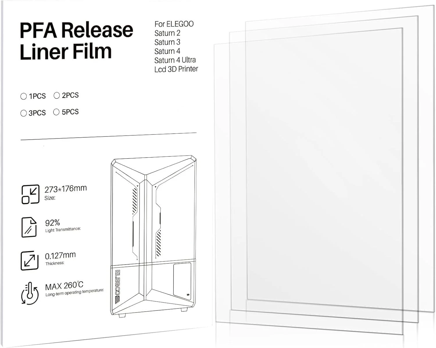 3 عدد فیلم رهاساز PFA برای پرینتر سه بعدی رزینی Saturn 2/8K/3/4/4 Ultra/4 Ultra 16K، ابعاد 273x176 میلی متر، ضخامت 0.127 میلی متر با عملکرد رهاسازی قوی تر و 92% انتقال نور