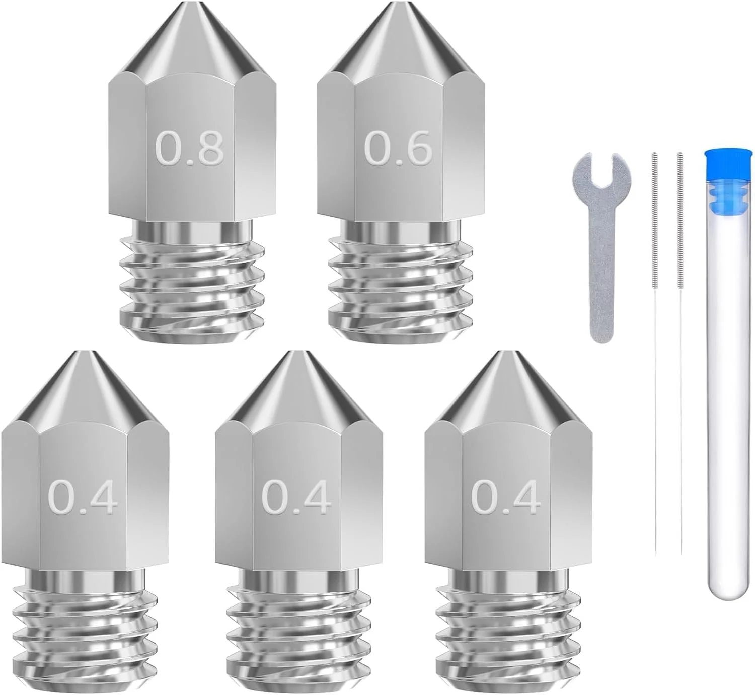 مجموعه 5 عددی نازل فولادی سخت کاری شده - نازل های اکسترودر mk8 با اندازه های 0.4mm/0.6mm/0.8mm برای نپتون 3 پرو و بیشتر - نازل های پرینتر سه بعدی مقاوم در برابر سایش به همراه ابزار DIY