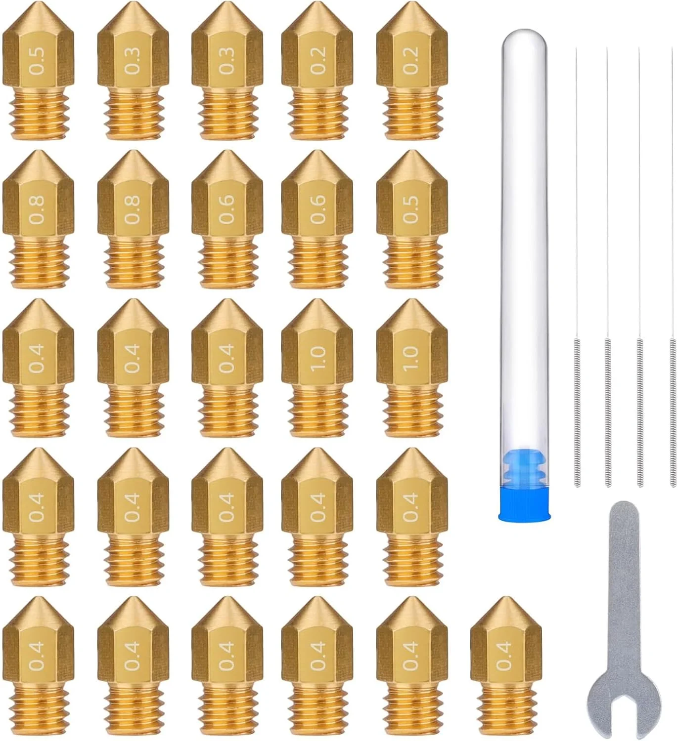 ۲۶ عدد نازل برنجی MK8 برای پرینتر سه بعدی - سایزهای مختلف ۰.۲ میلی‌متر تا ۱.۰ میلی‌متر - سازگار با نپتون ۳ پرو، نپتون ۳ و بیشتر - قطعات و لوازم جانبی پرینتر سه بعدی