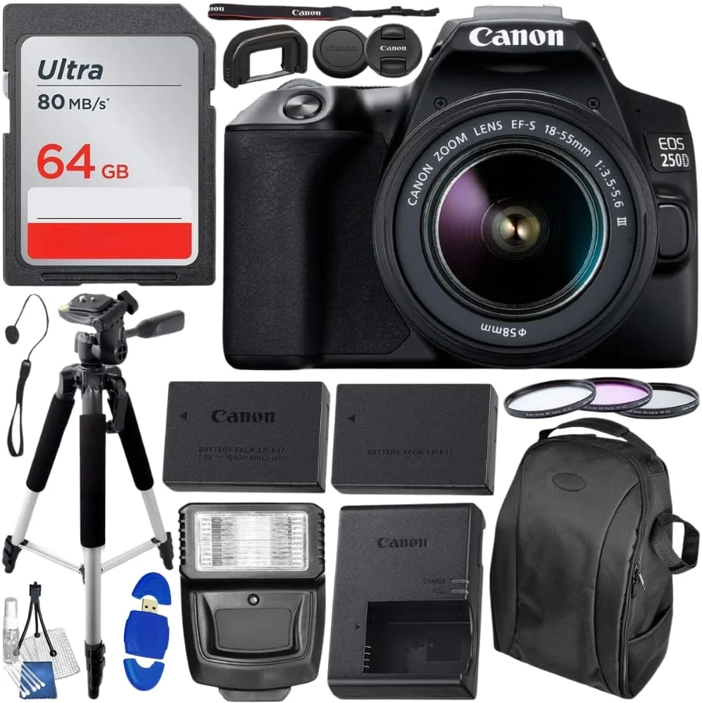 دوربین DSLR کانن EOS 250D (Rebel SL3) به همراه لنز 18-55mm III و بسته لوازم جانبی ضروری – شامل: کارت حافظه SanDisk Ultra 64GB SDXC MC، باتری با عمر طولانی، فلاش Slave، سه پایه 57 اینچی و موارد دیگر (بازسازی شده)