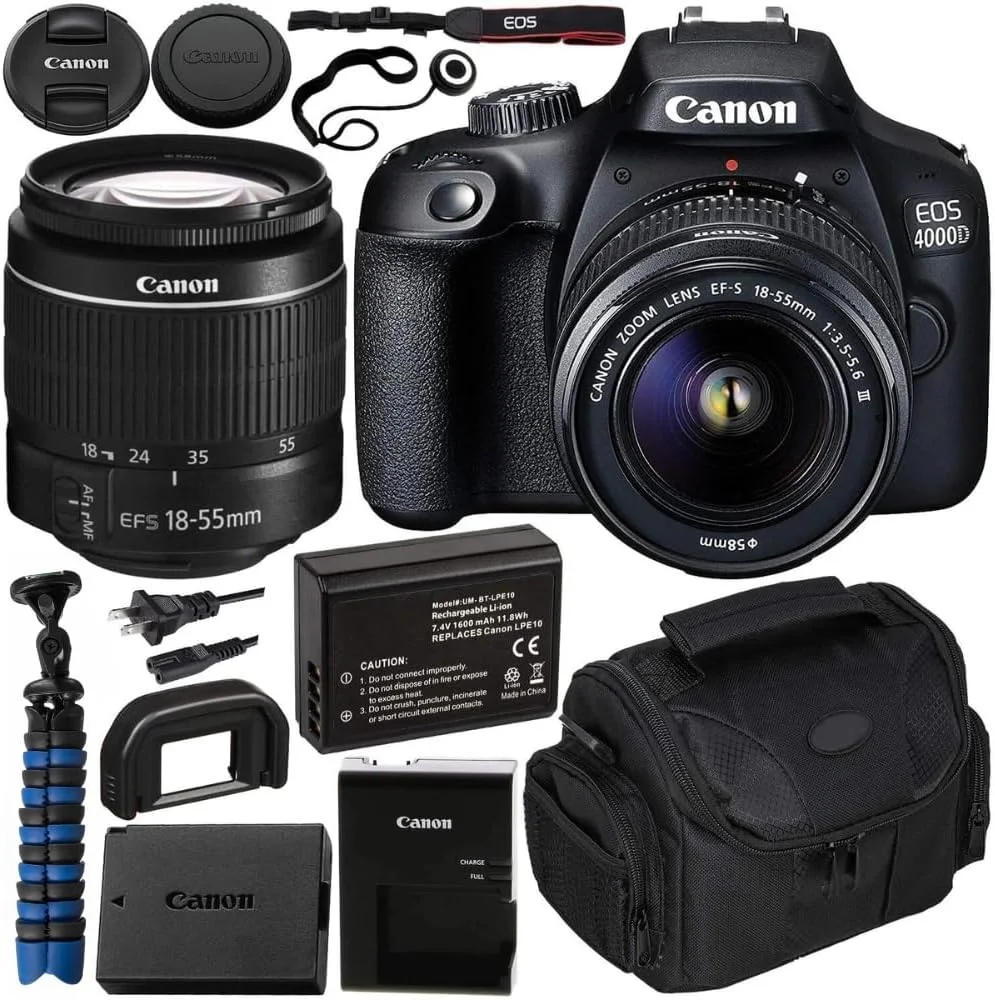 دوربین دیجیتال Canon EOS 4000D DSLR به همراه لنز EF-S 18-55mm f/3.5-5.6 III، بسته شروع به کار - شامل: باتری جایگزین LPE10 با عمر طولانی، سه پایه انعطاف پذیر و موارد دیگر (بازسازی شده)
