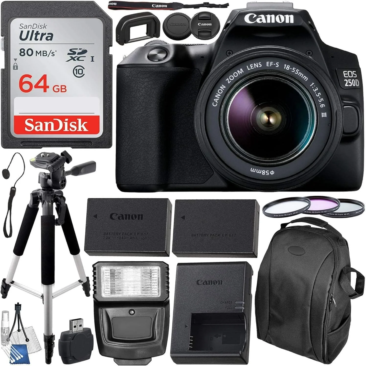 دوربین DSLR کانن EOS 250D (Rebel SL3) به همراه لنز 18-55mm DC III و بسته لوازم جانبی ضروری - شامل: کارت حافظه SanDisk Ultra 64GB، باتری با عمر طولانی، فلاش Slave، سه پایه 57 اینچی و موارد دیگر
