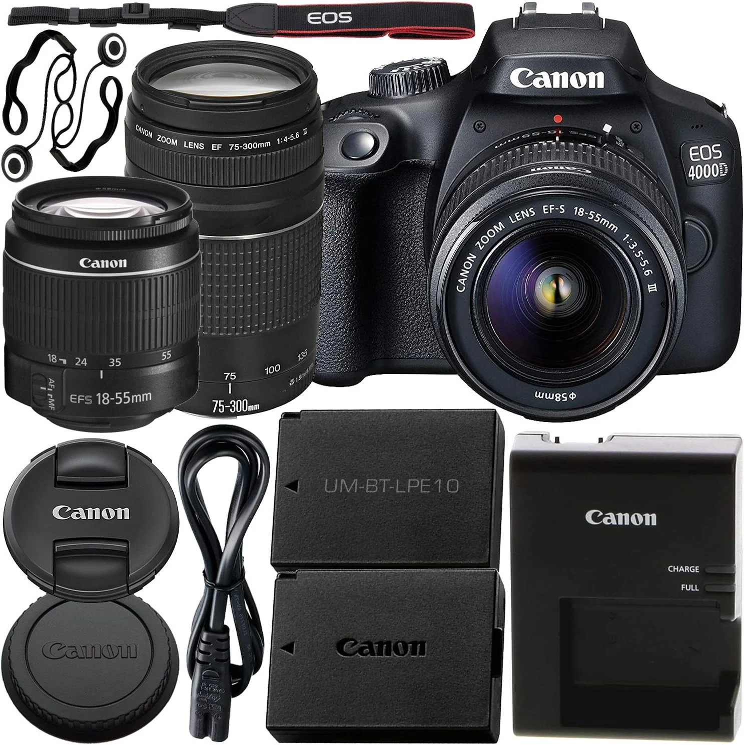 دوربین DSLR کانن EOS 4000D به همراه لنز EF-S 18-55mm III و لنز EF 75-300mm III - شامل: باتری جایگزین LPE10 با عمر طولانی (1600mAh) و 2 عدد نگهدارنده درب لنز یونیورسال (بازسازی شده)