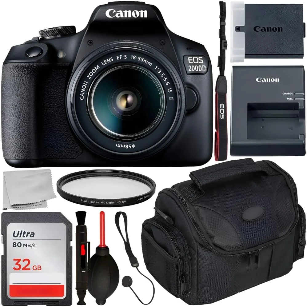دوربین DSLR کانن EOS 2000D به همراه لنز 18-55mm IS II و بسته لوازم جانبی: کارت حافظه SD Ultra 32GB SDHC + کیف حمل دوربین + فیلتر فرابنفش + نگهدارنده درب لنز + سایر لوازم (بازسازی شده)