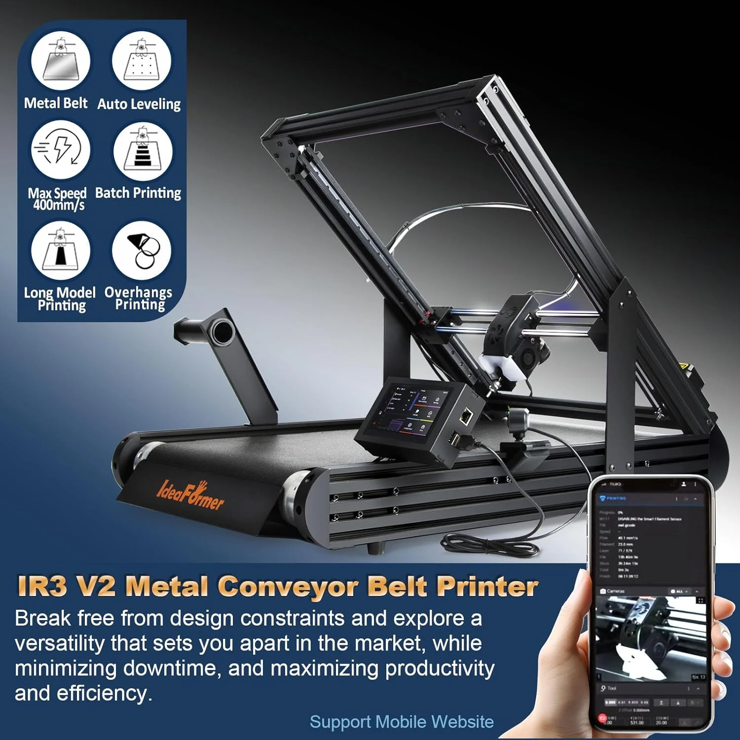 چاپگر تسمه نقاله IR3 V2 با غلتک توسعه یافته، چاپگر سه بعدی تسمه فلزی با تراز خودکار برای چاپ طولانی و دسته ای ساختار CoreXY، اندازه چاپ 250×250×∞ میلی متر