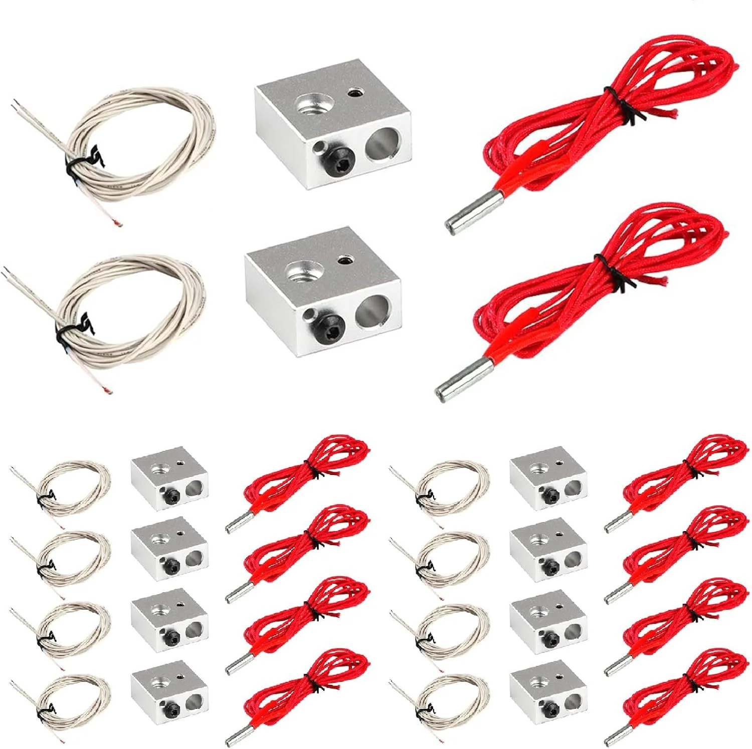 بسته 10 عددی بلوک آلومینیومی هیتر برای پرینتر سه بعدی MK7/MK8 و 10 عدد ترمیستور NTC 3950 100K با سیم کشی 1 متری و 10 عدد هیتر کارتریجی سرامیکی 12 ولت 40 وات 620 برای پرینتر سه بعدی