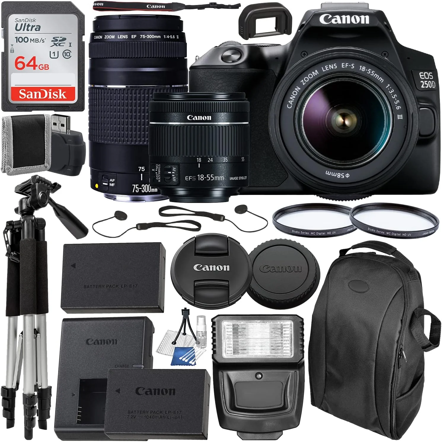 دوربین DSLR کانن EOS 250D (Rebel SL3) با لنزهای 18-55mm و 75-300mm کانن + کارت حافظه 64 گیگابایتی، سه پایه، فلاش و موارد دیگر (بسته 20 تکه) مشکی جمع و جور (بازسازی شده)