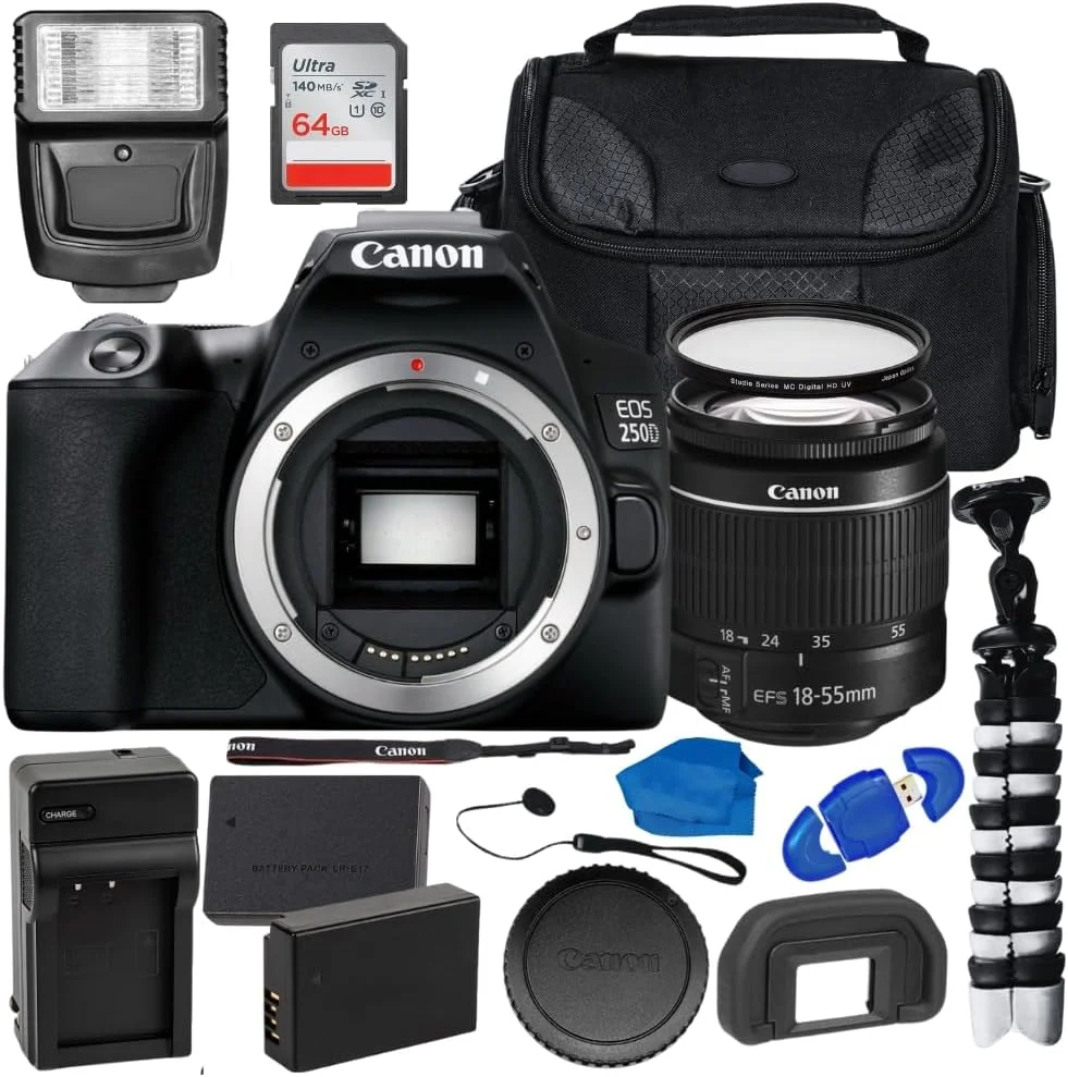 دوربین کانن EOS 250D (Rebel SL3) با لنز EF-S 18-55mm f/3.5-5.6 III و بسته آغازین: SanDisk 64GB SDXC، فلاش دیجیتال، باتری، کیف ضد آب (بازسازی شده)