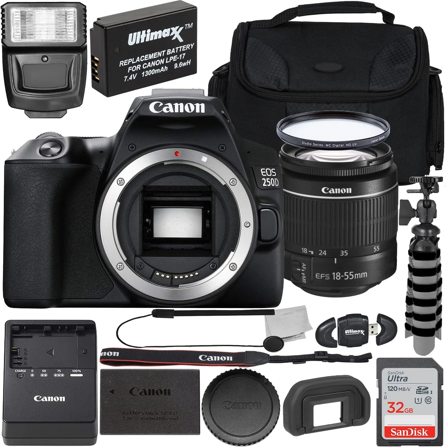 دوربین کانن EOS 250D با لنز EF-S 18-55mm f/3.5-5.6 III به همراه بسته لوازم جانبی حرفه ای - شامل: باتری یدکی LPE17 با شارژر، فلاش جانبی، کیف بزرگ و موارد دیگر (بازسازی شده)
