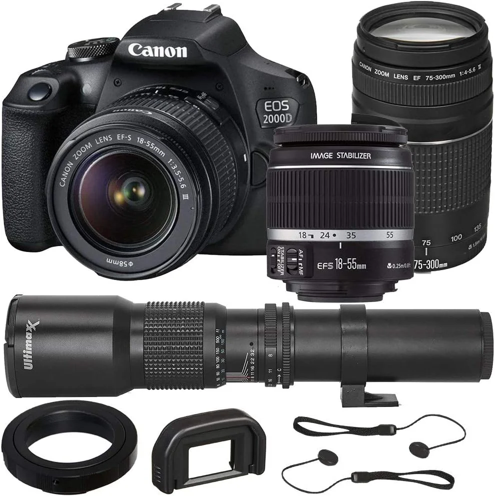 کیت دوربین کانن EOS 2000D (T7) EF-S 18-55mm III به همراه لنز کانن EF 75-300mm f/4-5.6 III و بسته لوازم جانبی اولیه لنز