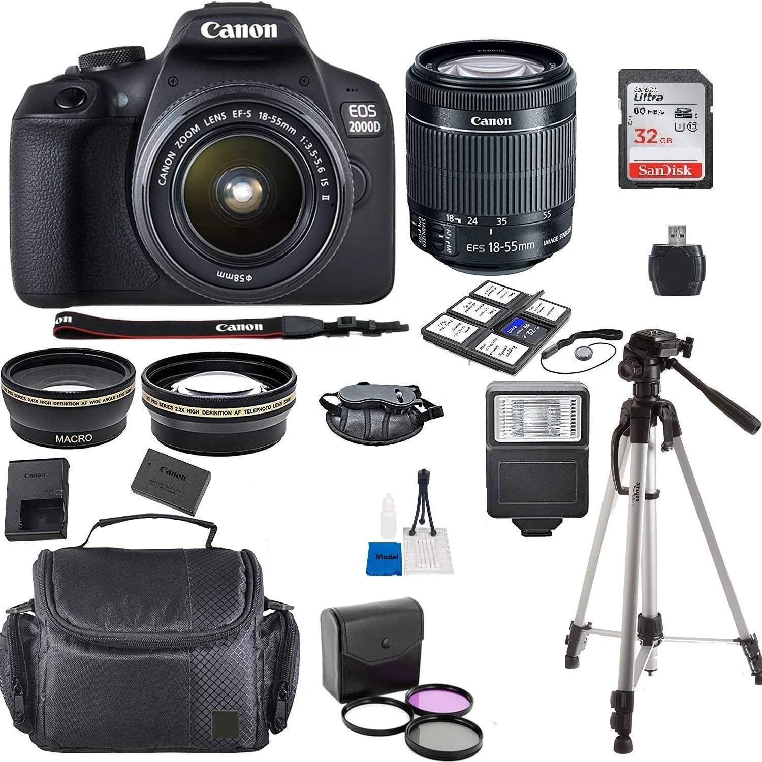 دوربین Canon EOS 2000D Rebel T7 Kit به همراه لنز EF-S 18-55mm f/3.5-5.6 III و بسته لوازم جانبی مدل Electronics Cloth (بازسازی شده) مشکی