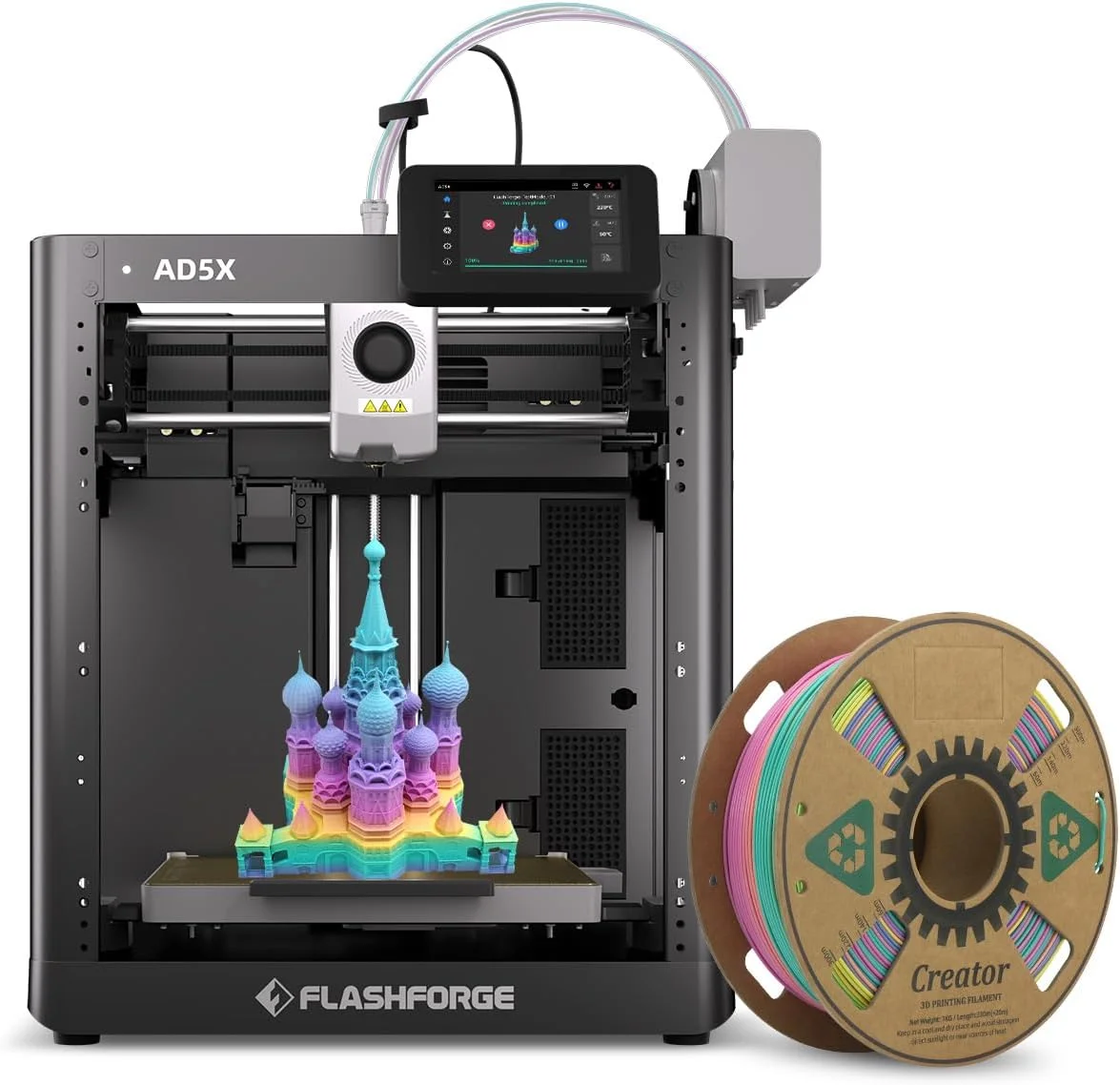 پرینتر سه بعدی فلش فورج AD5X به همراه 1 کیلوگرم فیلامنت رنگین کمانی HS PLA پرینتر سه بعدی فلش فورج AD5X به همراه 1 کیلوگرم فیلامنت رنگین کمانی HS PLA